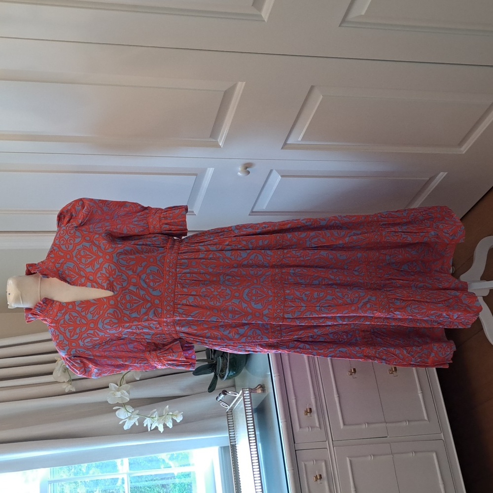 Gretchen Scott Womens Coral/Blue‎ Print Midi Dress Puff Short Sleeves SM
